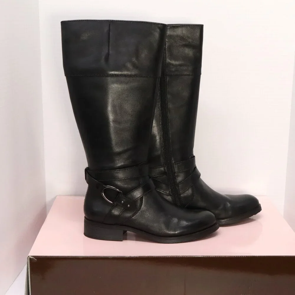 Bandolino Tessi Black Leather‎ Wide Calf Riding Boots Womens Size 8.5 New